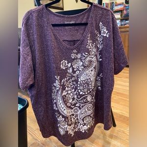 Terra & Sky 2XL purple short sleeve T-shirt, white and glitter paisley (#68)
